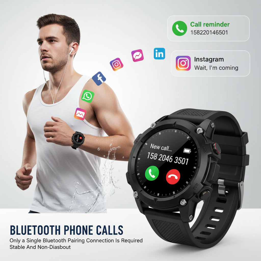 Smart Watch Bluetooth 1.45 Inch Black Rugged Case with Black Polyurethane Sport Band